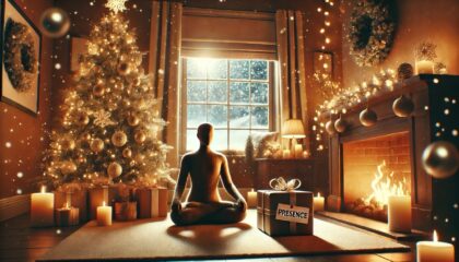 Cozy holiday-themed living room with a glowing fireplace, decorated Christmas tree, and a wrapped present labeled 'Presence.' A figure is meditating peacefully by the fire, with snow gently falling outside the window, creating a calm and mindful atmosphere.